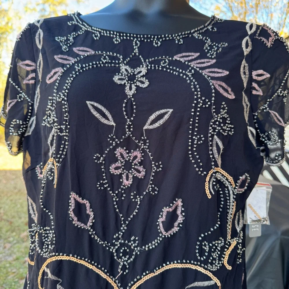 Spense Black Beaded Embellished Cocktail Dress Women 14 NWT Sheer Overlay - Picture 4 of 16